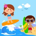 Children at the beach surfing on a wave in the sea. Vector illustration