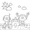 Children at the beach swimming and building a sandcastle. Vector black and white coloring page. Royalty Free Stock Photo