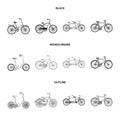 Children bicycle, a double tandem and other types.Different bicycles set collection icons in black,monochrome,outline