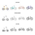 Children bicycle, a double tandem and other types.Different bicycles set collection icons in cartoon,outline,monochrome Royalty Free Stock Photo
