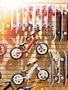 Children bikes and skateboards in store