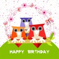 Children birthday card for with owls - spring time - vector