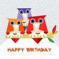 Children birthday card for with owls - winter time - vector Royalty Free Stock Photo