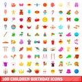 100 children birthday icons set, cartoon style Royalty Free Stock Photo