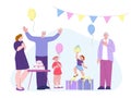 Children birthday party. Family celebrating anniversary girl. Little toddler with gift and balloon, cartoon flat sisters Royalty Free Stock Photo