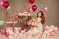 Children Birthday Party, Kid Girl Covering Eyes, Presents Balloons Royalty Free Stock Photo