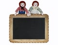 Raggedy Ann and Raggedy Andy hold a school or play chalkboard with space for your message.