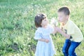 Children blowing dandelion flower in the park at summer. Happy cute boy and little girl enjoying nature Royalty Free Stock Photo