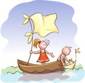 Children in boat launch a toy paper ship