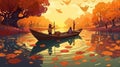 Children on Boat: Serene Water Scene with Leaf Patterns and Vibrant Traditional Landscapes, Generative AI