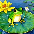 Children Book Illustrations, Small frog sitting on a waterlily leaf in a pond, created with Generative AI Royalty Free Stock Photo