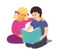 Children with books. Cartoon boy and girl holding textbook. Teenagers reading and studying. Leisure activity and hobby