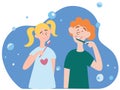 Children a boy and a girl brush their teeth. Morning routine, taking care of dental health. Brother and sister cartoon characters Royalty Free Stock Photo