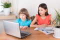 Children boy and girl on distance education, homeschooling and doing homework. E-learning at home, web lesson concept Royalty Free Stock Photo