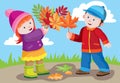 Children, boy and girl, play in the street in autumn and have fun throwing foliage into the air, cartoon illustration, vector