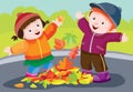 Children, boy and girl, play in the street in autumn and have fun throwing foliage into the air, cartoon illustration, vector