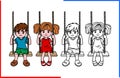Children, a boy and a girl, riding on swings.