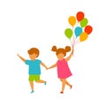 Children, boy and girl running holding hands with balloons Royalty Free Stock Photo