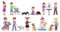 Children - boys and girls play, train with dogs, a cat, a turtle, a parrot, a goldfish in a cartoon style.