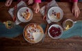 Children breakfast with Cheesecake with cranberries and sugar