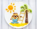 Children breakfast with pancakes and fruits. Cartoon hero.