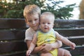 Children brothers sitting on bench