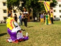 Children build the effigy of Ravan for Dussera celebrations