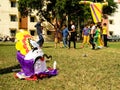 Children build the effigy of Ravan for Dussera celebrations