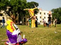 Children build the effigy of Ravan for Dussera celebrations