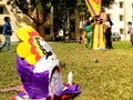 Children build the effigy of Ravan for Dussera celebrations