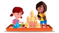 Children Build A Sand Castle In The Sandbox In Summer Vector. Isolated Illustration Royalty Free Stock Photo