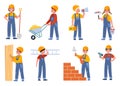 Children builders. Engineer characters kids, worker professionals in overalls, young constructors with orange helmet