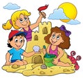Children building sand castle theme 1 Royalty Free Stock Photo