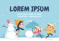 Children building snowman together and having snowball fight in forest
