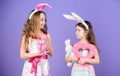 Children bunny costume. Playful girls sisters celebrate easter. Spring holiday. Happy childhood. Easter day. Easter Royalty Free Stock Photo