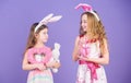 Children bunny costume. Playful girls sisters celebrate easter. Spring holiday. Happy childhood. Easter day. Easter Royalty Free Stock Photo