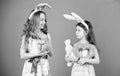 Children bunny costume. Playful girls sisters celebrate easter. Spring holiday. Happy childhood. Easter day. Easter Royalty Free Stock Photo