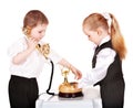 Children in business suit with telephone. Royalty Free Stock Photo
