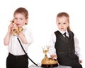 Children in business suit with telephone. Royalty Free Stock Photo