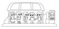 Children on a busstop waiting for the school bus. Black and white vector bus stop icon. Cartoon public transport station. City or Royalty Free Stock Photo