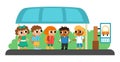 Children on a busstop waiting for the school bus. Vector bus stop icon. Cartoon public transport station. City or countryside