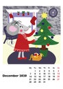 Children calendar 2020 for December, with main hero rat or mouse, a symbol of the new year. The week starts on Monday. Cartoon