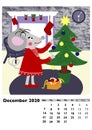 Children calendar 2020 for December, with main hero rat or mouse, a symbol of the new year. The week starts on Monday. Cartoon