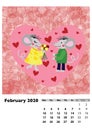 Children calendar 2020 for February, with main hero rat or mouse, a symbol of the new year. The week starts on Monday. Cartoon