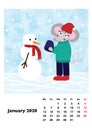 Children calendar 2020 for January, with main hero rat or mouse, a symbol of the new year. The week starts on Monday. Cartoon