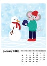 Children calendar 2020 for January, with main hero rat or mouse, a symbol of the new year. The week starts on Monday. Cartoon