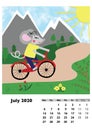 Children calendar 2020 for July, with main hero rat or mouse, a symbol of the new year. The week starts on Monday. Cartoon style