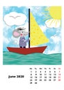 Children calendar 2020 for June, with main hero rat or mouse, a symbol of the new year. The week starts on Monday. Cartoon style