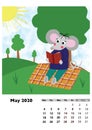 Children calendar 2020 for May, with main hero rat or mouse, a symbol of the new year. The week starts on Monday. Cartoon style