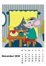 Children calendar 2020 for November, with main hero rat or mouse, a symbol of the new year. The week starts on Monday. Cartoon